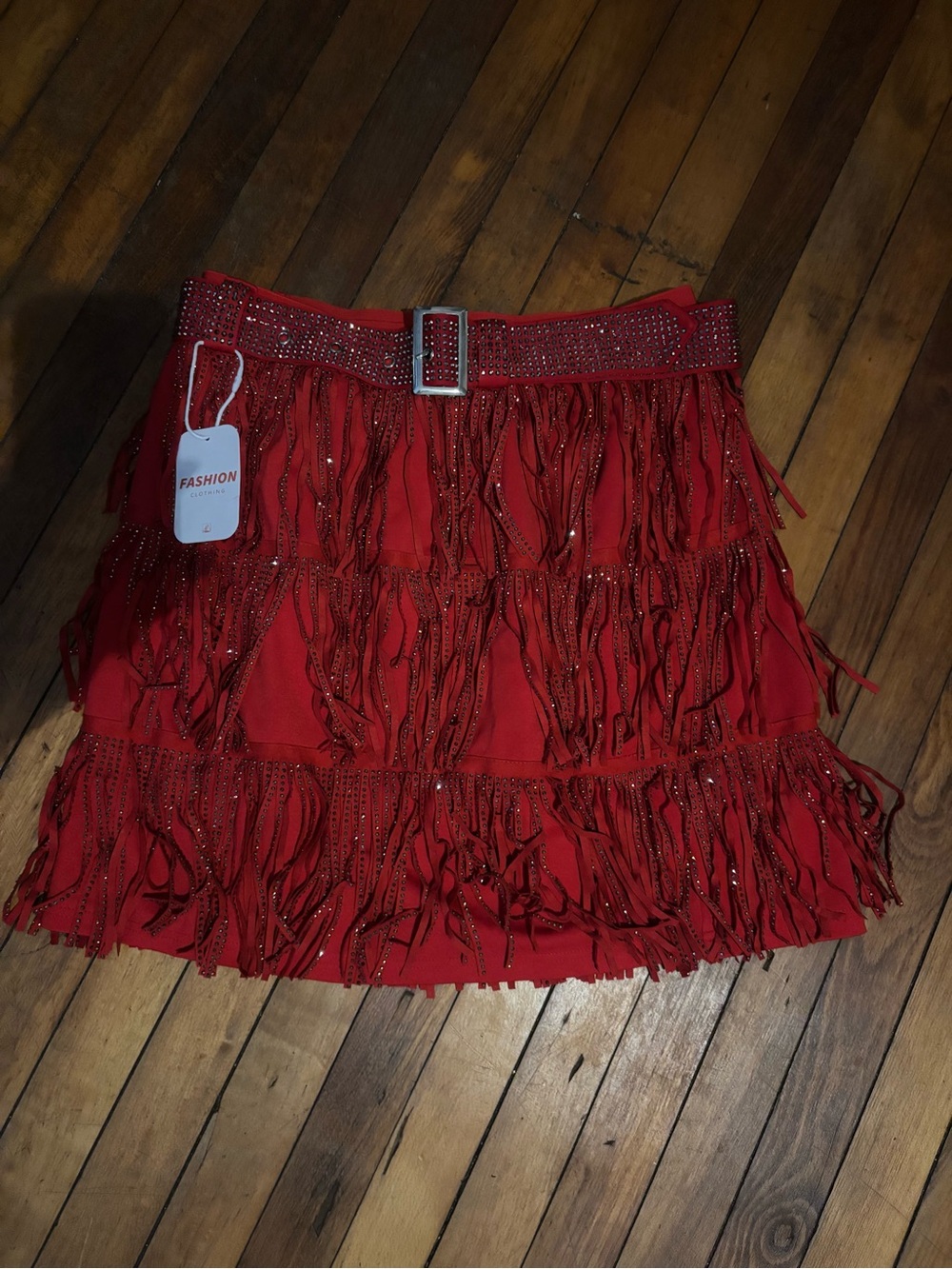 Red Fringe Mini Skirt with Embellished Belt